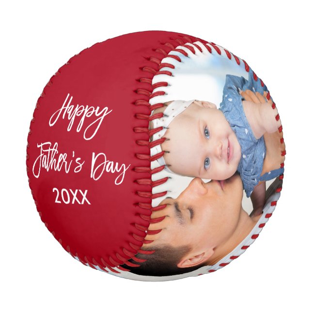Happy Father's Day 2 Photo Brush Script Red Baseball (Angled)