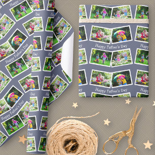 Happy Fathers Day 4 Photo Collage Pattern Blue Wrapping Paper