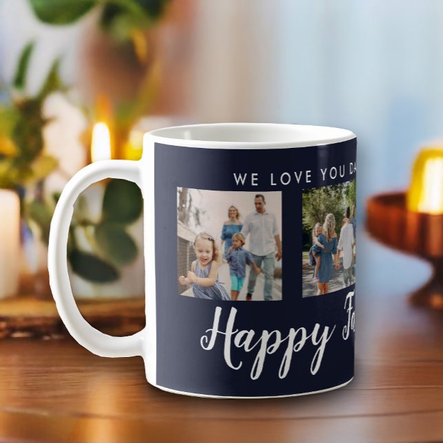 Happy Father's Day 4 Photo Custom Navy Coffee Mug (Happy Father's Day script font with 4 family photo slots along with a custom message)