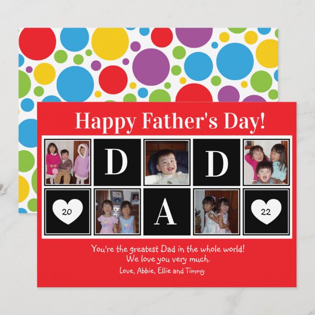 Happy Father's Day 5 Photo Red Flat Greeting Card (Front/Back)