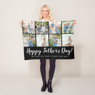 Happy Father's Day 8 Photo Collage Black Fleece Blanket