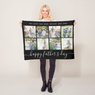 Happy Father's Day 8 Photo Collage Elegant Black Fleece Blanket