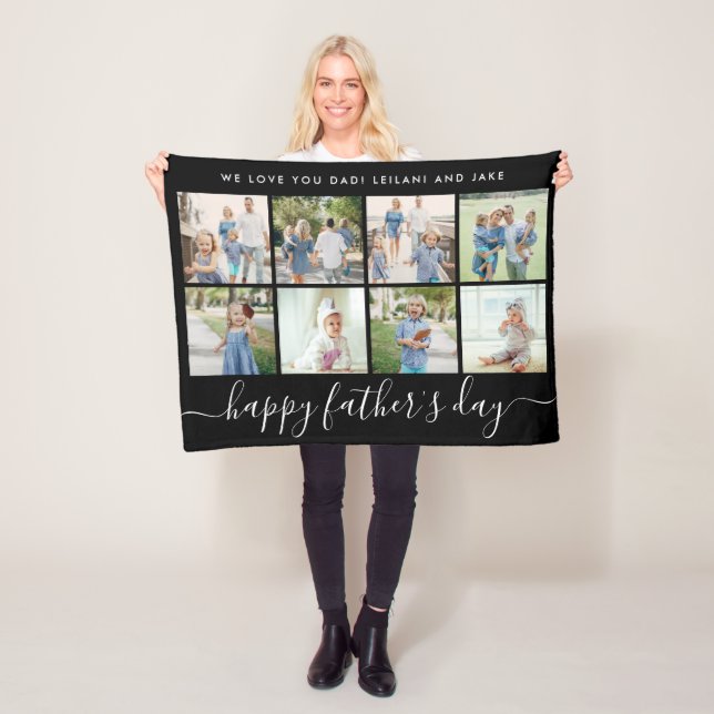 Happy Father's Day 8 Photo Collage Elegant Black Fleece Blanket (In Situ)