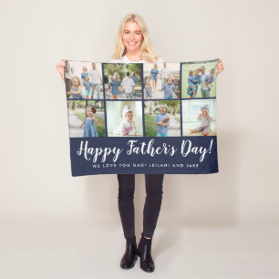 Happy Father's Day 8 Photo Collage Navy Fleece Blanket