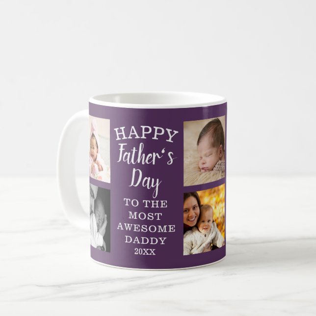 Happy Father's Day Awesome Daddy 8 Photo Purple Coffee Mug (Front Left)