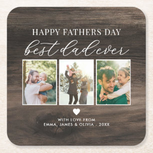 Happy Fathers Day Best Dad Ever 3 Photo Collage Square Paper Coaster