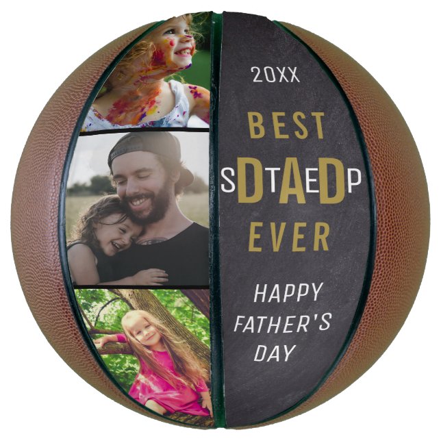 Happy Father's Day Best Step Dad  3 Photo Collage Basketball (Vertical)