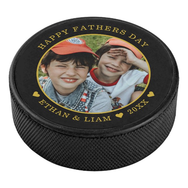 Happy Father's Day Black And Gold Kids Photo   Hockey Puck (3/4)