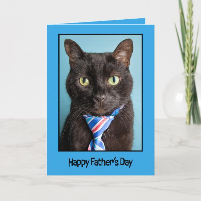 Happy Fathers Day Black Cat in Necktie  Holiday Card (Front)