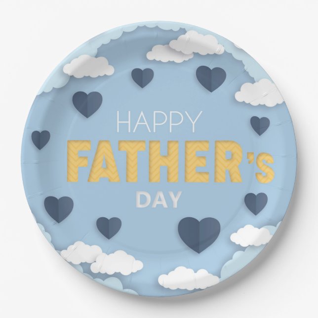 Happy Father's Day blue hearts in the sky  Paper Plate (Front)