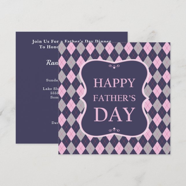 Happy Fathers Day Blue Pink Grey Argyle Dinner Invitation (Front/Back)