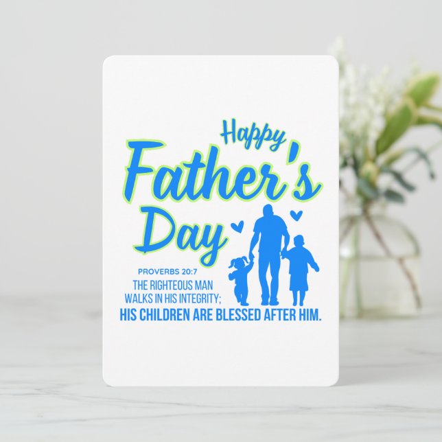 Happy Father's Day Blue Proverbs 20:7 Scripture Holiday Card (Standing Front)