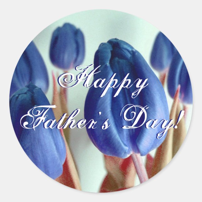 Happy Father's Day Blue Tulips Classic Round Sticker (Front)