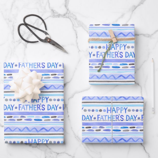 Happy Father's Day Blue Watercolor Stripes Wrapping Paper Sheet (Front)