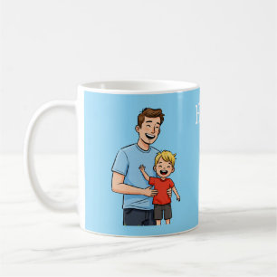 Happy Father's Day Cartoon Dad & Son Blue Coffee Mug