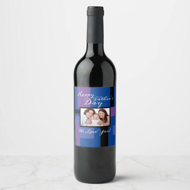 Happy Father's Day Custom 1 Photo Blue Wine Label (Front)
