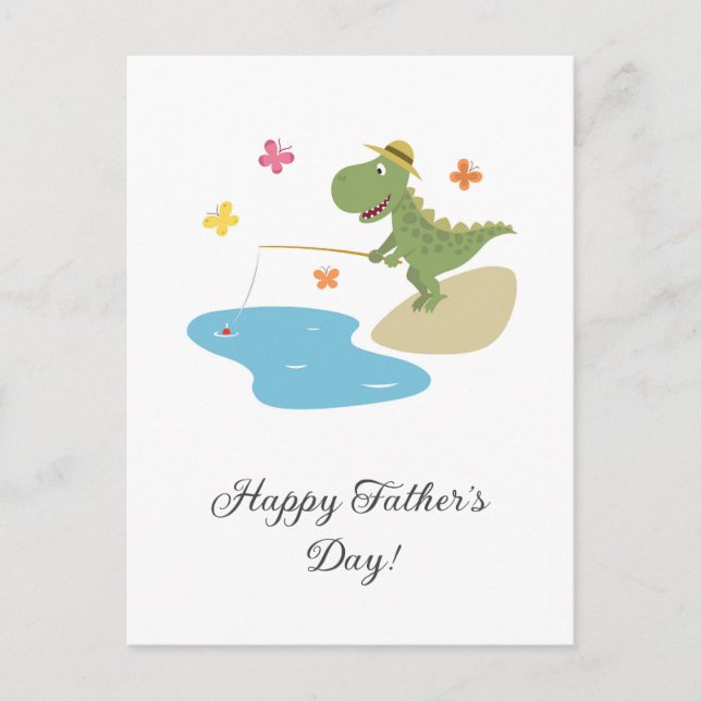 Happy Father's Day Cute Cartoon Dinosaur Fishing  Holiday Postcard (Front)