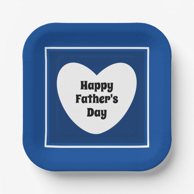 Happy Father's Day Cute Navy Blue White Heart Paper Plate (Front)