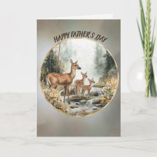 Happy Father's Day Doe and Twin Fawns In A Stream Card