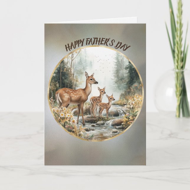 Happy Father's Day Doe and Twin Fawns In A Stream Card (Front)