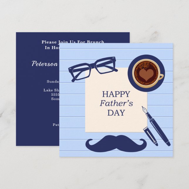 Happy Fathers Day Fun Blue Moustache Family Brunch Invitation (Front/Back)