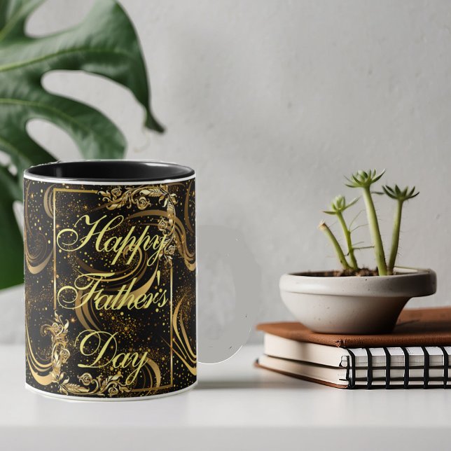 Happy Father's Day Gold Calligraphy Black Swirls  Mug (Happy Father's Day Gold Calligraphy Black Swirls Mug)