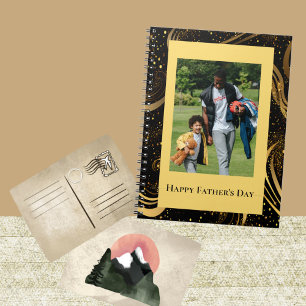 Happy Father's Day Gold Leafy Black Swirls Photo  Notebook