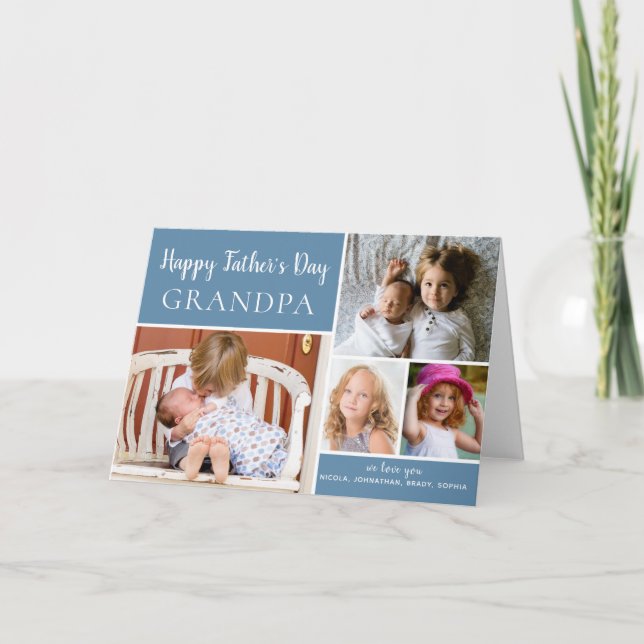 Happy Father's Day Grandpa Photo Collage Blue Card (Front)