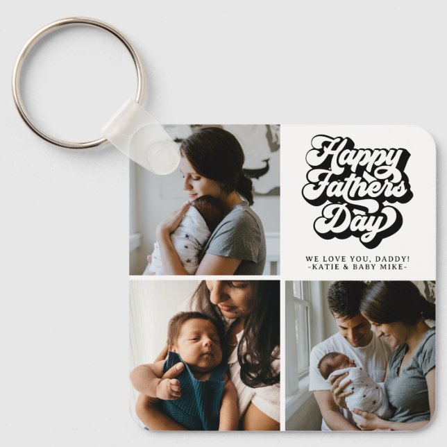 Happy Fathers Day Groovy Retro Three Photo Key Ring (Front)