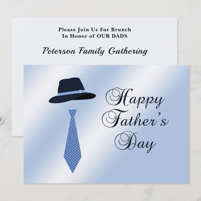 Happy Fathers Day Hat Blue Dot Tie Family Brunch Invitation (Front/Back)