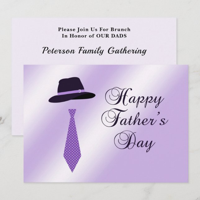 Happy Fathers Day Hat Purple Dot Tie Family Brunch Invitation (Front/Back)