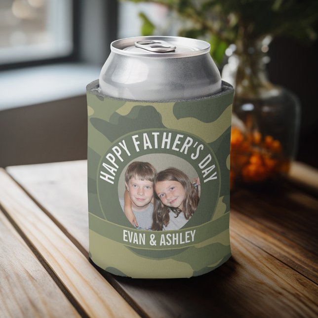 Happy Father's Day - Photo Camouflage Green Can Cooler (Personalized can cooler with 1 photo and custom text)