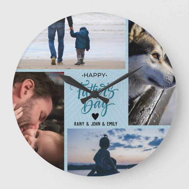 Happy Father's Day Photo Collage Custom Names Large Clock (Front)