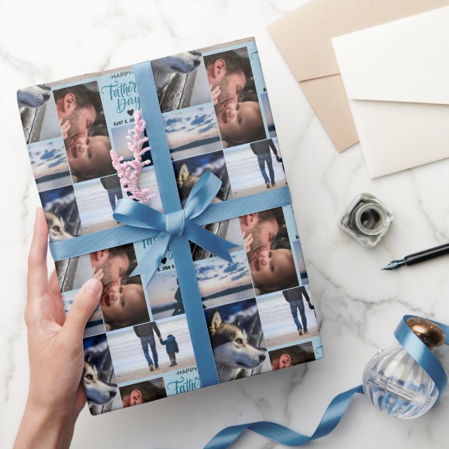 Happy Father's Day Photo Collage Custom Names Wrapping Paper (Gifting)