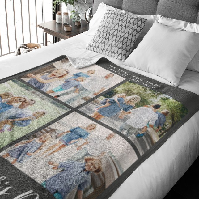 Happy Father's Day Photo Collage Grey Fleece Blanket (Happy Father's Day script font with 8 family photo slots along with a custom message)