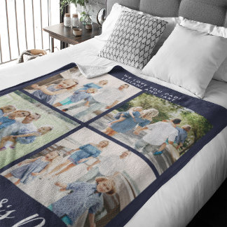 Happy Father's Day Photo Collage Navy Blue Fleece Blanket