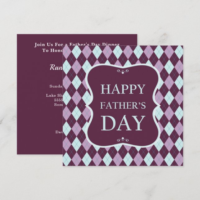 Happy Fathers Day Purple Argyle Dinner Party Invitation (Front/Back)