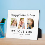 Happy Fathers Day We Love You Photo Plaque<br><div class="desc">A heartfelt plaque sign featuring "Happy Father's Day" in elegant script with "We Love You" in bold type, surrounded by multiple custom family photos and personalised children's names with a heart accent. All text and photos are fully customisable — a meaningful Father's Day, birthday, or holiday keepsake gift that Dad...</div>