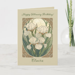 Happy February Birthday Iris Flowers Art Nouveau Card