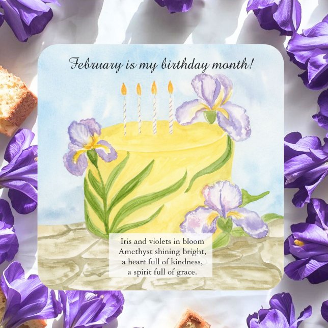  Happy February Irises Birthday Cake Square Sticker (Creator Uploaded)