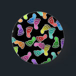 Happy Feet Wallpaper 6 Cm Round Badge<br><div class="desc">Illustration of lots of colourful footprints with happy smiling faces stomping around against a black background. Image available on various gifts and products.</div>
