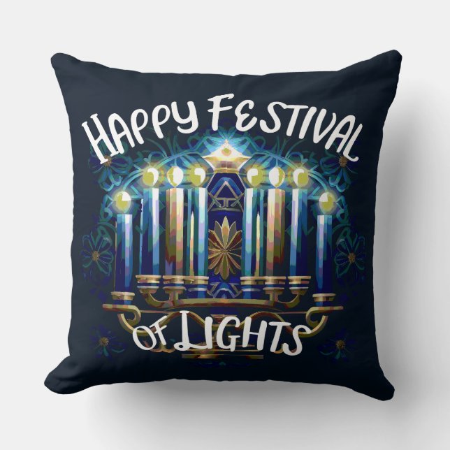 Happy Festival of Lights Hanukkah Menorah Cushion (Front)