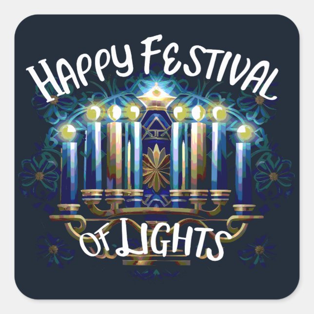 Happy Festival of Lights Hanukkah Menorah Square Sticker (Front)