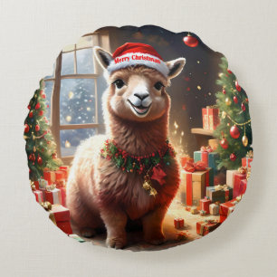 Happy Festive Alpaca Christmas,  Round Cushion