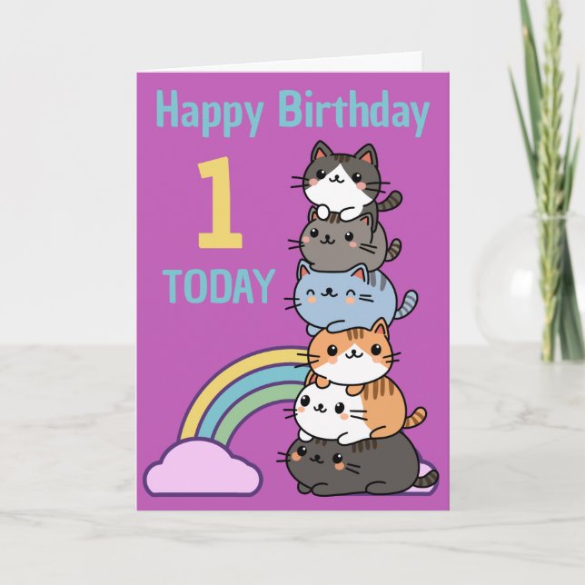 Happy First (1st) Birthday Stack Of Cats With Age Card (Front)