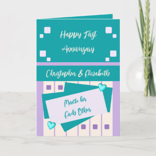 Happy First Anniversary add names turquoise purple Card