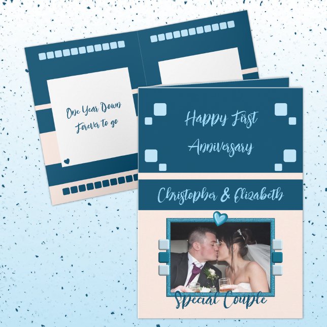 Happy First Anniversary add photo blue peach Card (Creator Uploaded)