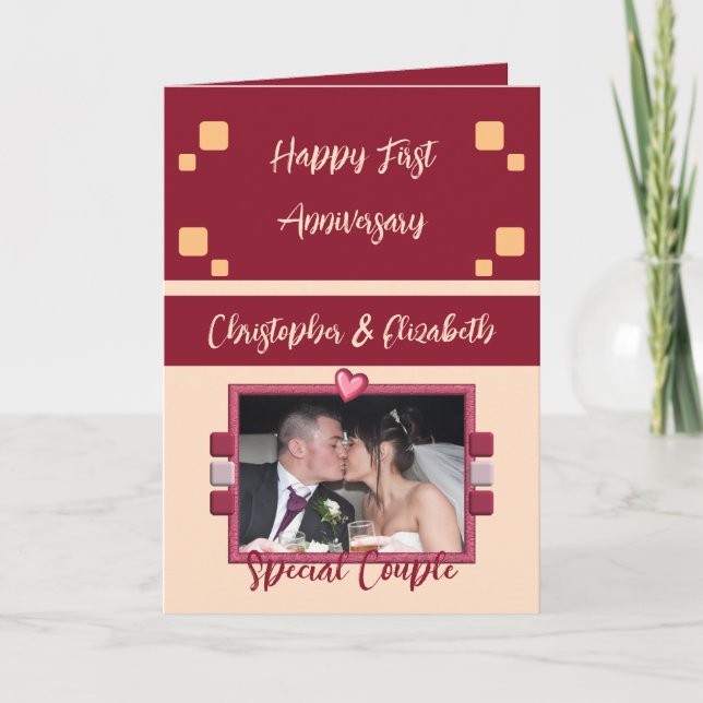 Happy First Anniversary add photo burgundy coral Card (Front)