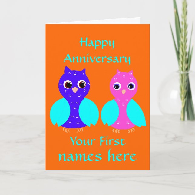 Happy First Anniversary Cute Owl Couple Customise Card (Front)