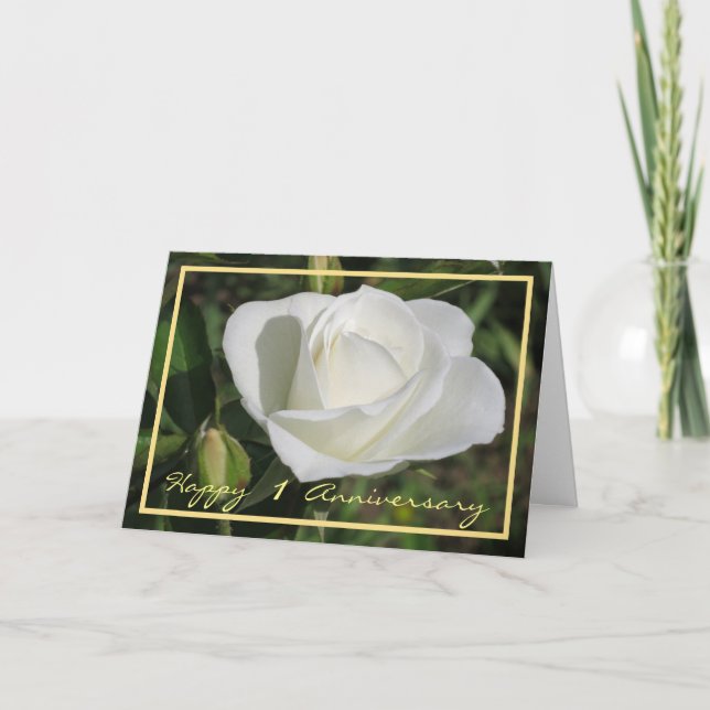 Happy First Anniversary White Rose Elegant Cursive Card (Front)